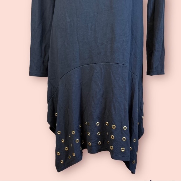 Michael Kors Navy Blue Modal swing dress long sleeve gold detail sz Large - Picture 5 of 8